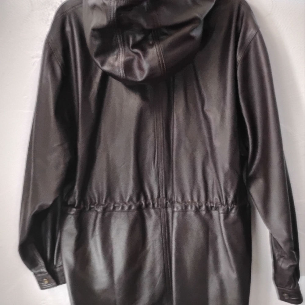 Bally Dark Brown Leather Women's Jacket with Hood Mint Sz 14 - Picture 3 of 8